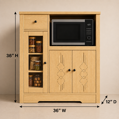 Picture of FurniQ Furniture Kitchen Storage Cabinet, Kitchen Cabinet with Microwave Shelf, Kitchen Organizer Cabinet, Food Storage Cabinet, Kitchen Cupboard, 1 Drawer Kitchen Cabinet, 2 Door Storage Cabinet, Open Shelf Kitchen Organizer, Melamine Board Furniture | FurniQ Furniture