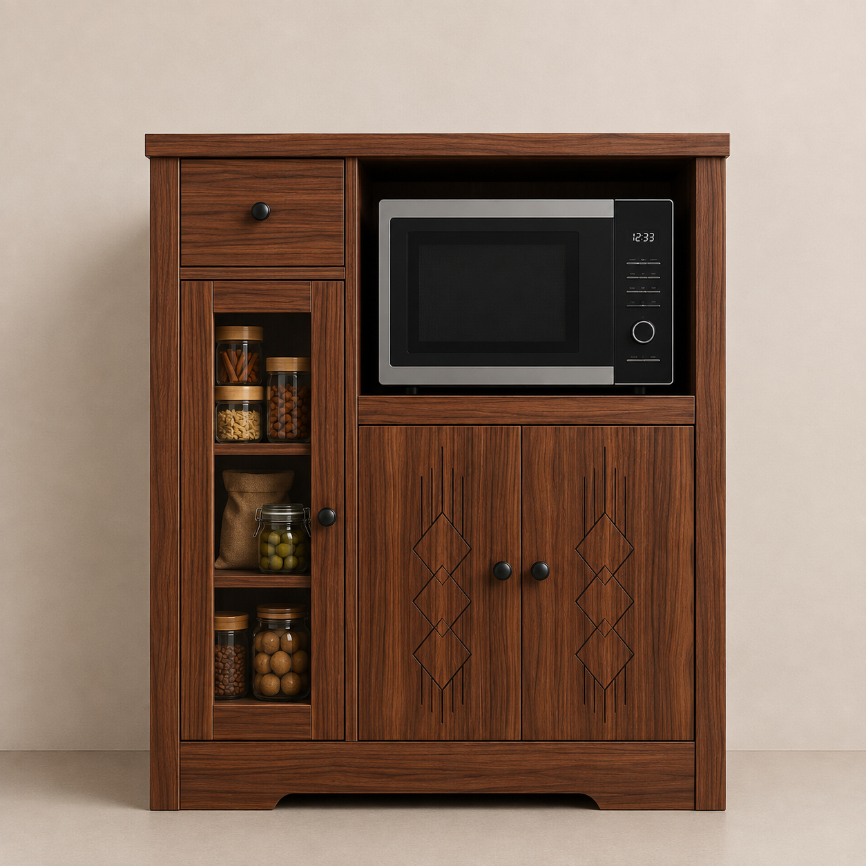 Picture of FurniQ Furniture Kitchen Storage Cabinet, Kitchen Cabinet with Microwave Shelf, Kitchen Organizer Cabinet, Food Storage Cabinet, Kitchen Cupboard, 1 Drawer Kitchen Cabinet, 2 Door Storage Cabinet, Open Shelf Kitchen Organizer, Melamine Board Furniture | FurniQ Furniture
