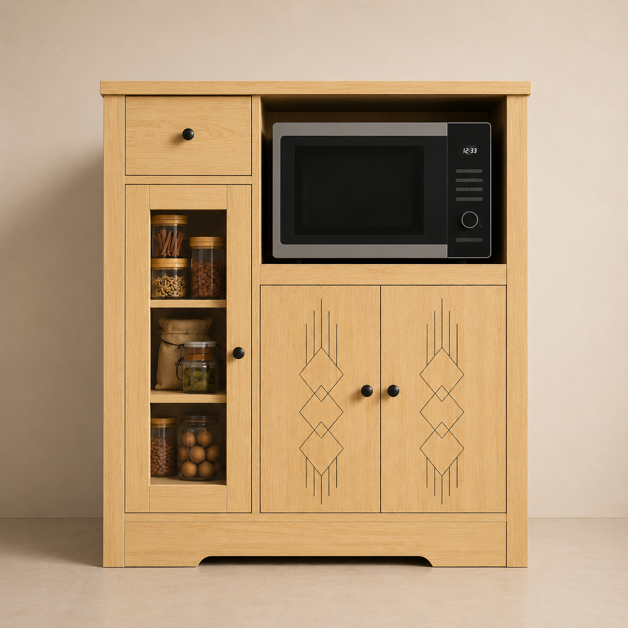 Picture of FurniQ Furniture Kitchen Storage Cabinet, Kitchen Cabinet with Microwave Shelf, Kitchen Organizer Cabinet, Food Storage Cabinet, Kitchen Cupboard, 1 Drawer Kitchen Cabinet, 2 Door Storage Cabinet, Open Shelf Kitchen Organizer, Melamine Board Furniture | FurniQ Furniture