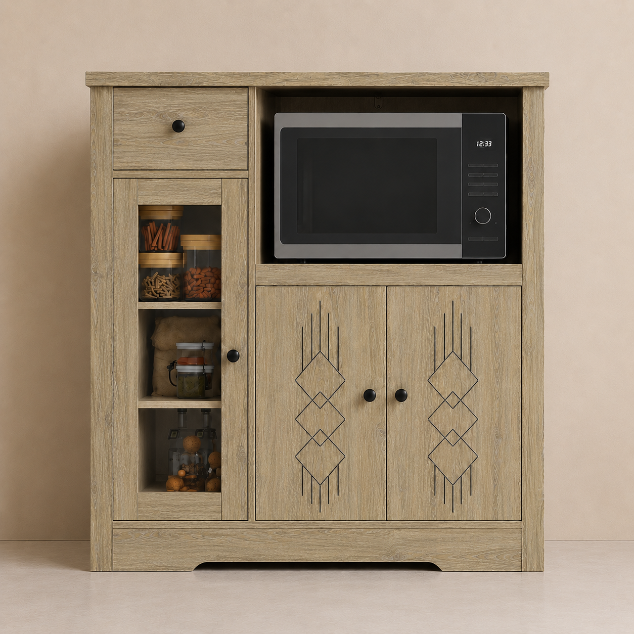 Picture of FurniQ Furniture Kitchen Storage Cabinet, Kitchen Cabinet with Microwave Shelf, Kitchen Organizer Cabinet, Food Storage Cabinet, Kitchen Cupboard, 1 Drawer Kitchen Cabinet, 2 Door Storage Cabinet, Open Shelf Kitchen Organizer, Melamine Board Furniture | FurniQ Furniture