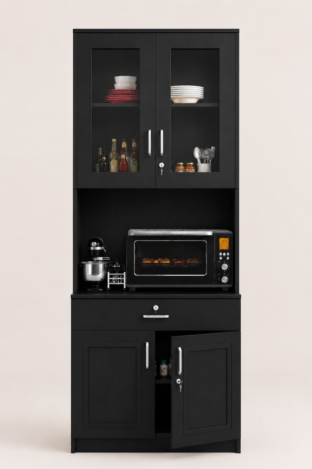 Picture of FurniQ Furniture Kitchen Storage Cabinet, Kitchen Cabinet with Microwave Shelf, Kitchen Organizer Cabinet, Kitchen Cupboard, Food Storage Cabinet, 2 Door Kitchen Cabinet, 1 Drawer Kitchen Cabinet, Glass Door Kitchen Storage Cabinet, 70H x 24W x 12D Inches | FurniQ Furniture