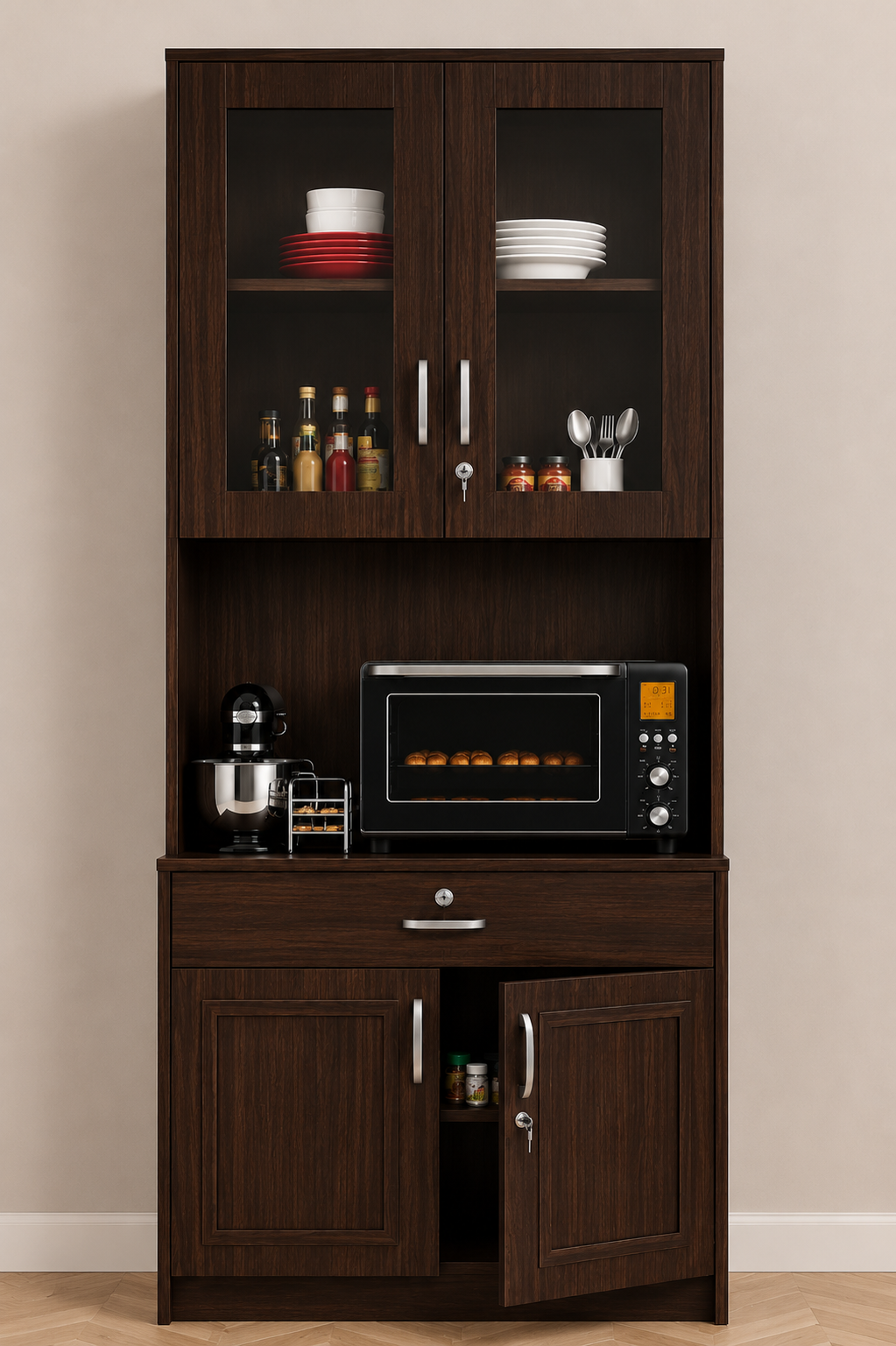 Picture of FurniQ Furniture Kitchen Storage Cabinet, Kitchen Cabinet with Microwave Shelf, Kitchen Organizer Cabinet, Kitchen Cupboard, Food Storage Cabinet, 2 Door Kitchen Cabinet, 1 Drawer Kitchen Cabinet, Glass Door Kitchen Storage Cabinet, 70H x 24W x 12D Inches | FurniQ Furniture