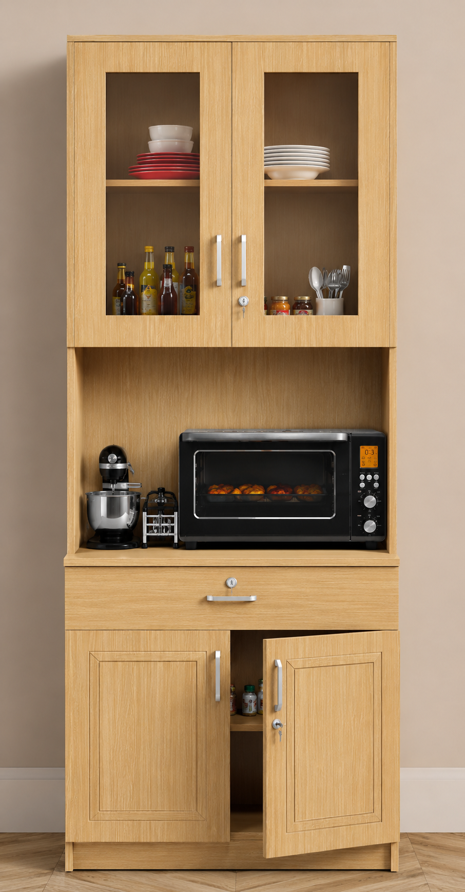 Picture of FurniQ Furniture Kitchen Storage Cabinet, Kitchen Cabinet with Microwave Shelf, Kitchen Organizer Cabinet, Kitchen Cupboard, Food Storage Cabinet, 2 Door Kitchen Cabinet, 1 Drawer Kitchen Cabinet, Glass Door Kitchen Storage Cabinet, 70H x 24W x 12D Inches | FurniQ Furniture