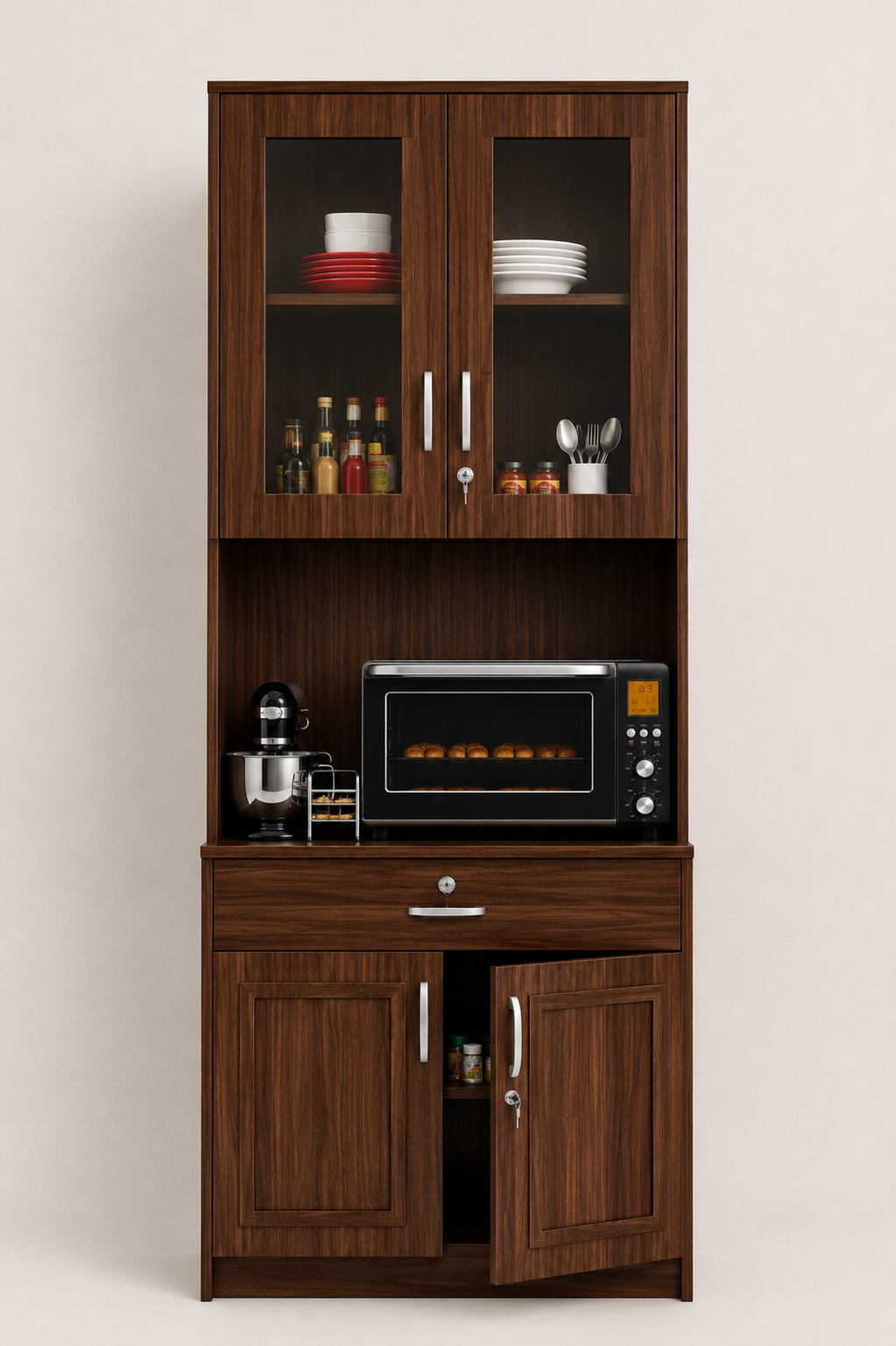 Picture of FurniQ Furniture Kitchen Storage Cabinet, Kitchen Cabinet with Microwave Shelf, Kitchen Organizer Cabinet, Kitchen Cupboard, Food Storage Cabinet, 2 Door Kitchen Cabinet, 1 Drawer Kitchen Cabinet, Glass Door Kitchen Storage Cabinet, 70H x 24W x 12D Inches | FurniQ Furniture