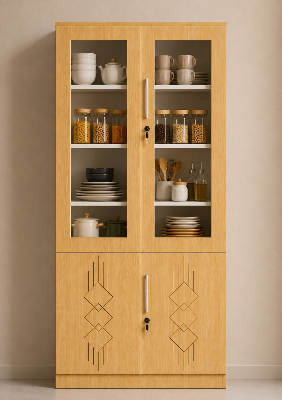 Picture of FurniQ Furniture 4 Door Kitchen Cabinet, Kitchen Storage Cabinet, Glass Door Kitchen Cabinet, Kitchen Display Cabinet, 4 Door Cupboard, Kitchen Organizer Cabinet, Crockery Storage Cabinet, Dishware Storage Cabinet, 2 Glass Door and 2 Solid Door Cabinet, Melamine Board Furniture | FurniQ Furniture