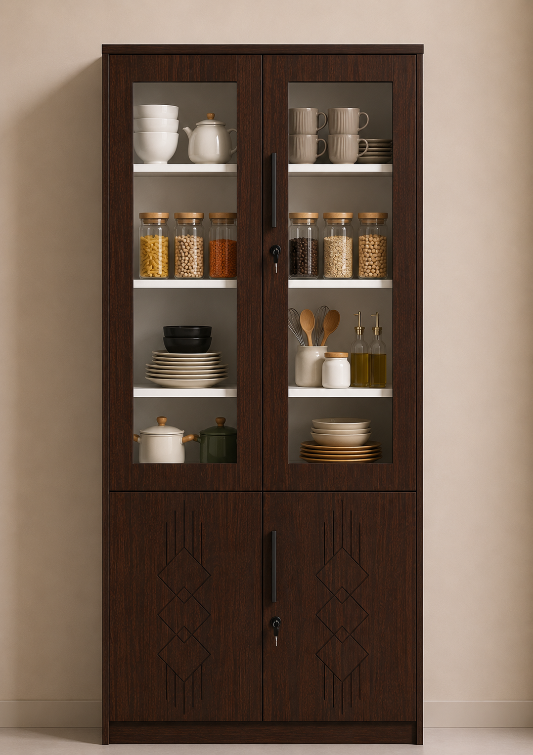 Picture of FurniQ Furniture 4 Door Kitchen Cabinet, Kitchen Storage Cabinet, Glass Door Kitchen Cabinet, Kitchen Display Cabinet, 4 Door Cupboard, Kitchen Organizer Cabinet, Crockery Storage Cabinet, Dishware Storage Cabinet, 2 Glass Door and 2 Solid Door Cabinet, Melamine Board Furniture | FurniQ Furniture