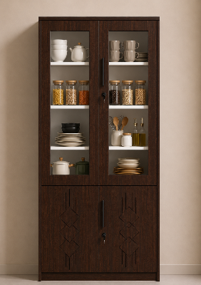 Picture of FurniQ Furniture 4 Door Kitchen Cabinet, Kitchen Storage Cabinet, Glass Door Kitchen Cabinet, Kitchen Display Cabinet, 4 Door Cupboard, Kitchen Organizer Cabinet, Crockery Storage Cabinet, Dishware Storage Cabinet, 2 Glass Door and 2 Solid Door Cabinet, Melamine Board Furniture | FurniQ Furniture