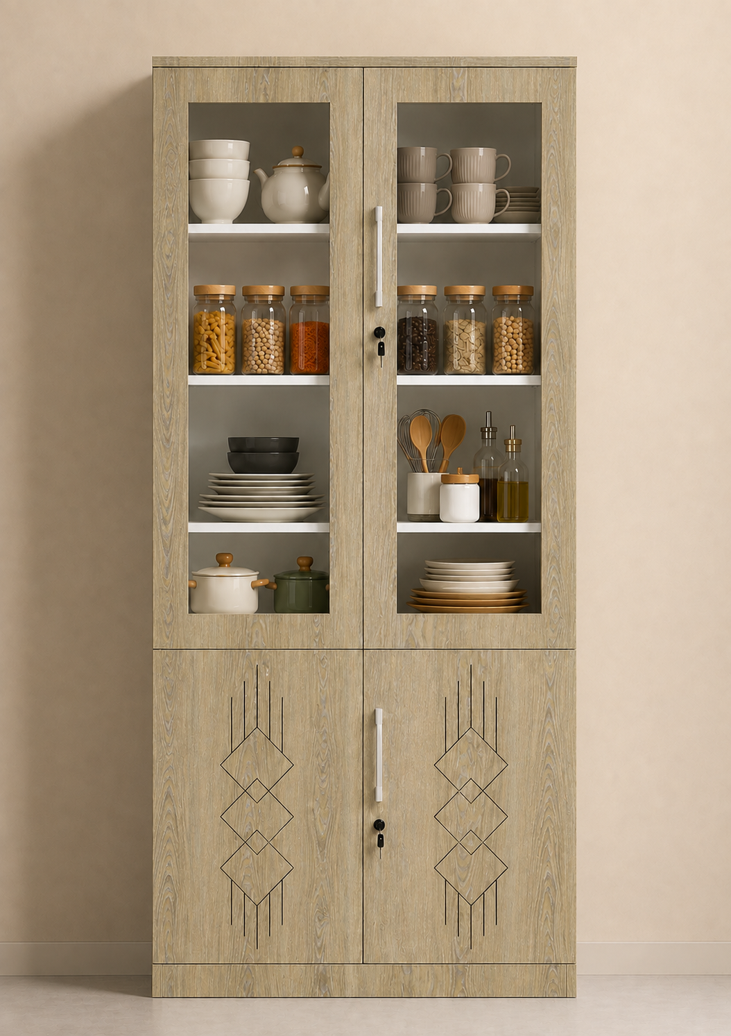 Picture of FurniQ Furniture 4 Door Kitchen Cabinet, Kitchen Storage Cabinet, Glass Door Kitchen Cabinet, Kitchen Display Cabinet, 4 Door Cupboard, Kitchen Organizer Cabinet, Crockery Storage Cabinet, Dishware Storage Cabinet, 2 Glass Door and 2 Solid Door Cabinet, Melamine Board Furniture | FurniQ Furniture