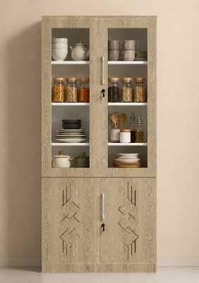 Picture of FurniQ Furniture 4 Door Kitchen Cabinet, Kitchen Storage Cabinet, Glass Door Kitchen Cabinet, Kitchen Display Cabinet, 4 Door Cupboard, Kitchen Organizer Cabinet, Crockery Storage Cabinet, Dishware Storage Cabinet, 2 Glass Door and 2 Solid Door Cabinet, Melamine Board Furniture | FurniQ Furniture