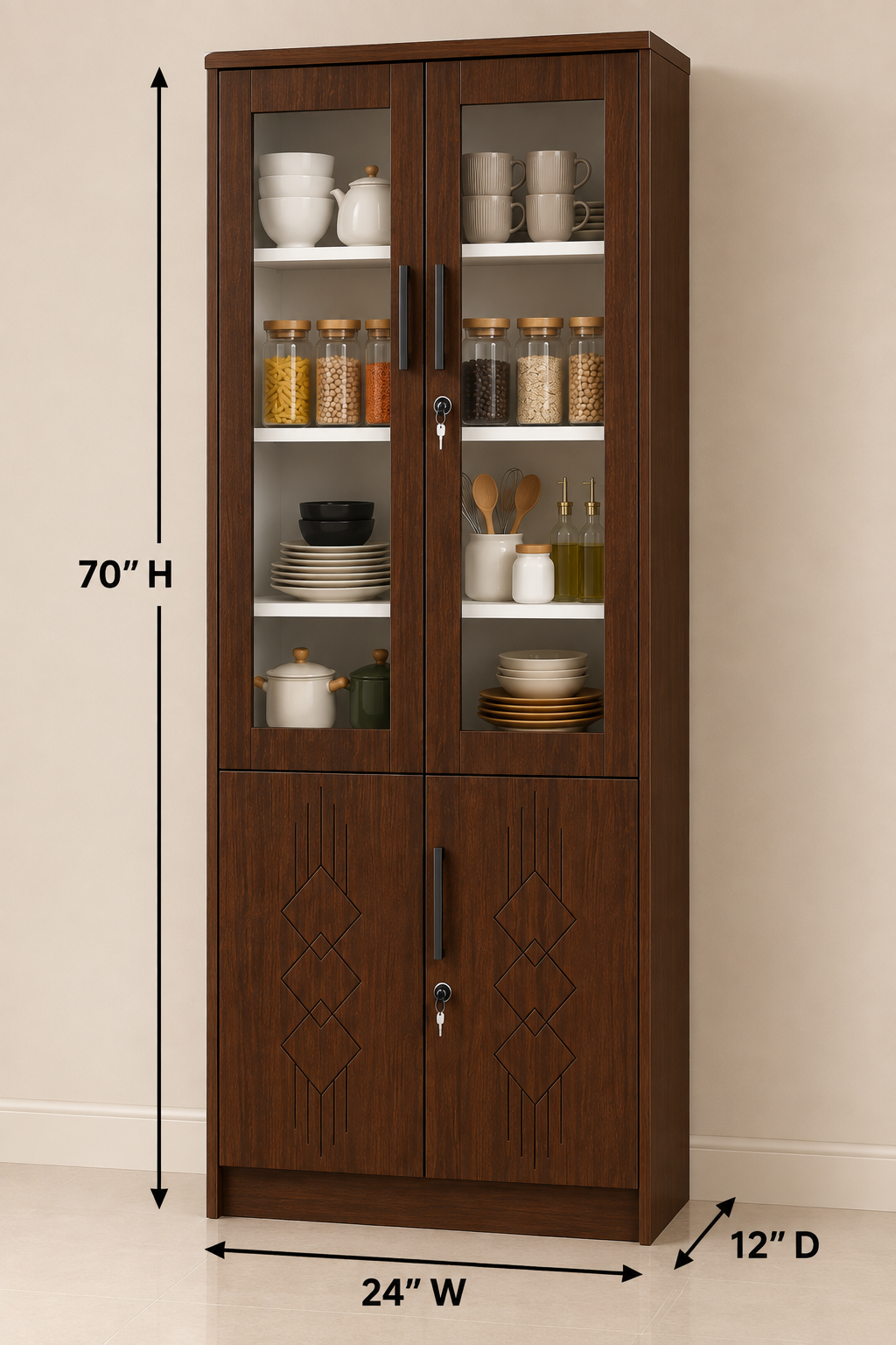 Picture of FurniQ Furniture 4 Door Kitchen Cabinet, Kitchen Storage Cabinet, Glass Door Kitchen Cabinet, Kitchen Display Cabinet, 4 Door Cupboard, Kitchen Organizer Cabinet, Crockery Storage Cabinet, Dishware Storage Cabinet, 2 Glass Door and 2 Solid Door Cabinet, Melamine Board Furniture | FurniQ Furniture