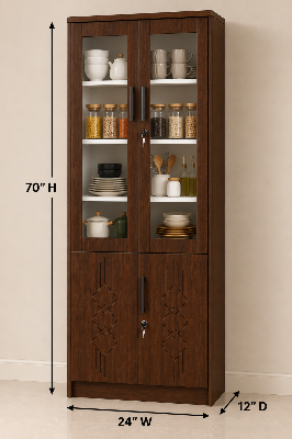 Picture of FurniQ Furniture 4 Door Kitchen Cabinet, Kitchen Storage Cabinet, Glass Door Kitchen Cabinet, Kitchen Display Cabinet, 4 Door Cupboard, Kitchen Organizer Cabinet, Crockery Storage Cabinet, Dishware Storage Cabinet, 2 Glass Door and 2 Solid Door Cabinet, Melamine Board Furniture | FurniQ Furniture