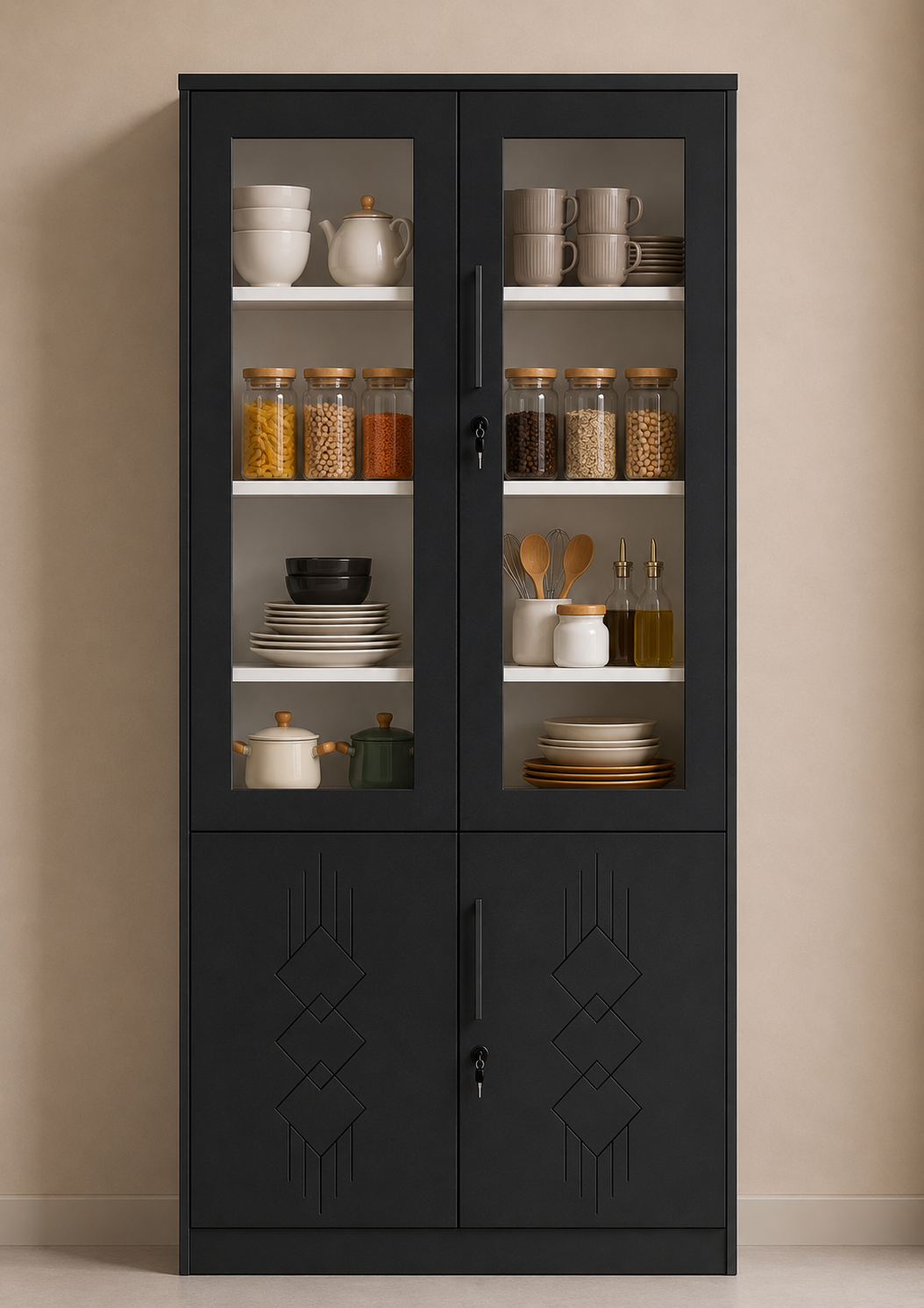 Picture of FurniQ Furniture 4 Door Kitchen Cabinet, Kitchen Storage Cabinet, Glass Door Kitchen Cabinet, Kitchen Display Cabinet, 4 Door Cupboard, Kitchen Organizer Cabinet, Crockery Storage Cabinet, Dishware Storage Cabinet, 2 Glass Door and 2 Solid Door Cabinet, Melamine Board Furniture | FurniQ Furniture