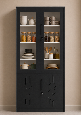 Picture of FurniQ Furniture 4 Door Kitchen Cabinet, Kitchen Storage Cabinet, Glass Door Kitchen Cabinet, Kitchen Display Cabinet, 4 Door Cupboard, Kitchen Organizer Cabinet, Crockery Storage Cabinet, Dishware Storage Cabinet, 2 Glass Door and 2 Solid Door Cabinet, Melamine Board Furniture | FurniQ Furniture