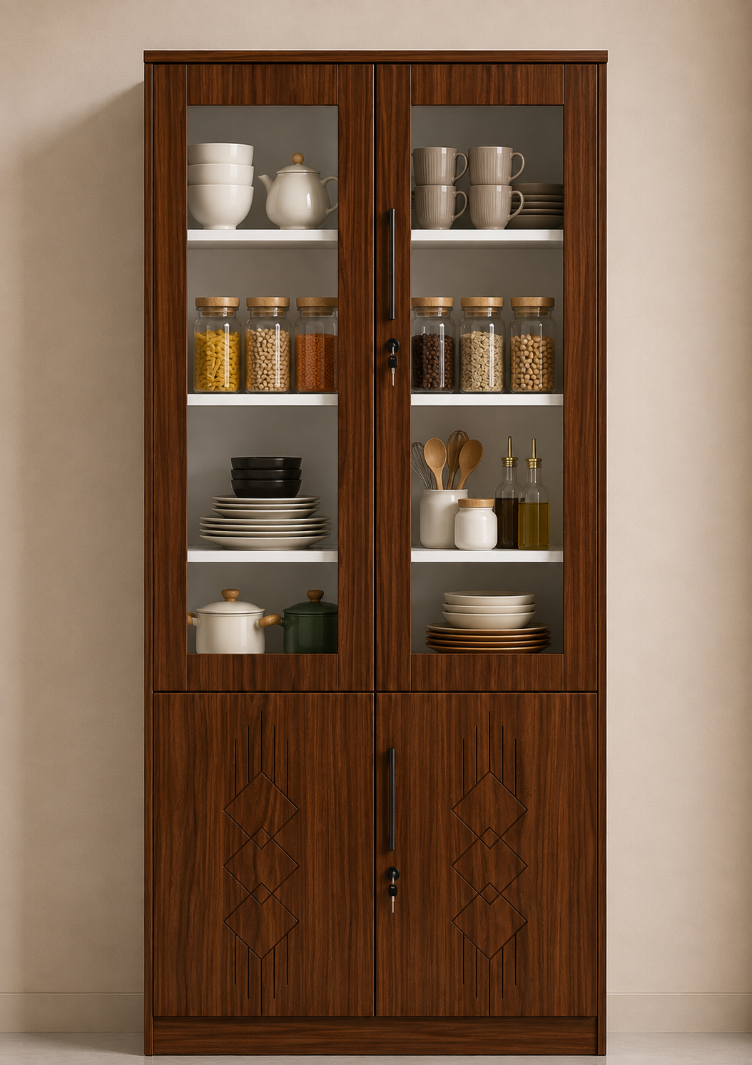 Picture of FurniQ Furniture 4 Door Kitchen Cabinet, Kitchen Storage Cabinet, Glass Door Kitchen Cabinet, Kitchen Display Cabinet, 4 Door Cupboard, Kitchen Organizer Cabinet, Crockery Storage Cabinet, Dishware Storage Cabinet, 2 Glass Door and 2 Solid Door Cabinet, Melamine Board Furniture | FurniQ Furniture