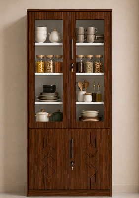 Picture of FurniQ Furniture 4 Door Kitchen Cabinet, Kitchen Storage Cabinet, Glass Door Kitchen Cabinet, Kitchen Display Cabinet, 4 Door Cupboard, Kitchen Organizer Cabinet, Crockery Storage Cabinet, Dishware Storage Cabinet, 2 Glass Door and 2 Solid Door Cabinet, Melamine Board Furniture | FurniQ Furniture