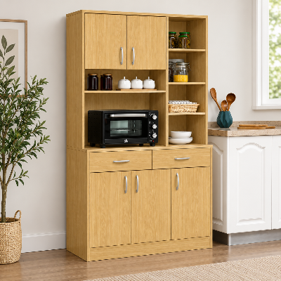 Picture of FurniQ Furniture 5 Door Kitchen Cabinet, Kitchen Storage Cabinet, Kitchen Hutch, Microwave Shelf Cabinet, Kitchen Organizer Cabinet, Food Storage Cabinet, 2 Drawer Kitchen Cabinet, Kitchen Cupboard, Multi Shelf Storage Cabinet, 70H x 32W x 12D inches | FurniQ Furniture