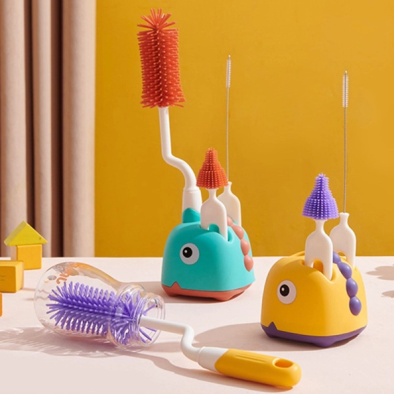 Picture of Baby Cleaning Brush Set Kidsren's Cup Brush Straw Brush with Storage Box Base Baby Silicone Pacifier Brush Bottle Brush-Multicolor