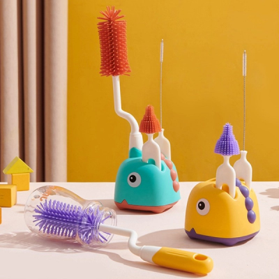 Picture of Baby Cleaning Brush Set Kidsren's Cup Brush Straw Brush with Storage Box Base Baby Silicone Pacifier Brush Bottle Brush-Multicolor