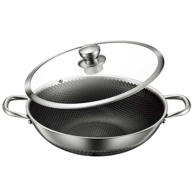 Picture of Uncoated Honeycomb Design Stainless Steel Non-Stick Cookware / Karai with Lid 30cm