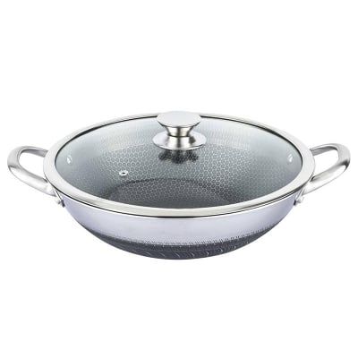 Picture of Uncoated Honeycomb Design Stainless Steel Non-Stick Cookware / Karai with Lid 26cm
