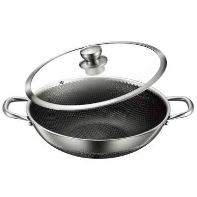 Picture of Uncoated Honeycomb Design Stainless Steel Non-Stick Cookware / Karai with Lid 24cm