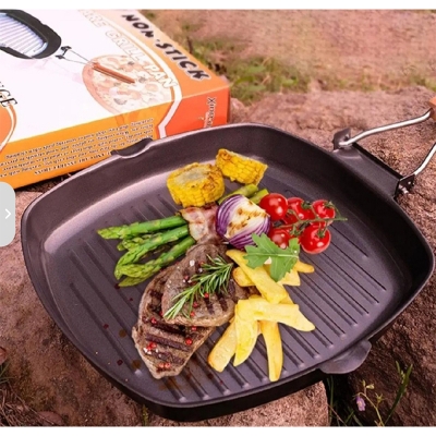 Picture of Non-stick Square Grill Pan with Folding Handle for Grilling Bacon Steak and Meats