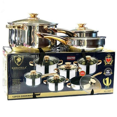 Picture of KAISA VILLA KV-1001 STAINLESS STEEL PAN FRYING PAN SOUP POT 12 PIECES PAN KITCHEN TITANIUM COOKWARE