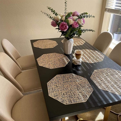 Picture of 6 pcs PVC Geometric Gold Silver Hollow Placemat / Cup Mat Home Decoration Kitchen Tool For Dining Table Bowl Plate