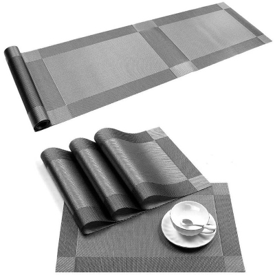 Picture of 6 Dinning Table Mat With 1 Runner (6+1=7 Pcs) Table Mats Set - PVC Rectangular Vintage Woven Washable Mats