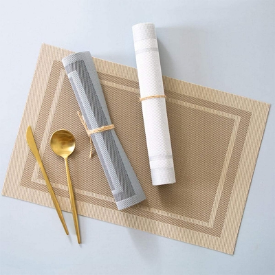 Picture of 6 Dinning Table Mat With 1 Runner (6+1=7 Pcs) Table Mats Set - PVC Rectangular Vintage Woven Washable Mats