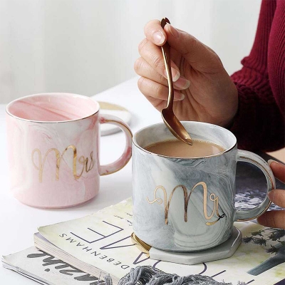 Picture of Mr And Mrs. Marble Colored Ceramic Mugs, Set Of 2, Elegant, Romantic, Durable, (As a gift For Wedding, Valentines, Love) Color- Grey And Pink