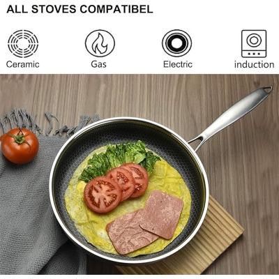 Picture of Stainless Steel Frying Pan with Lid 24cm, Wok Pan Hybrid Tech Sauté Pans Nonstick, Skillet, PFOA Free,(Dishwasher/Induction/Gas/Electric Stove)