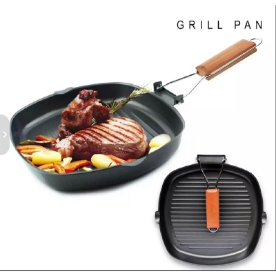 Picture of Non-stick Square Grill Pan with Folding Handle for Grilling Bacon Steak and Meats