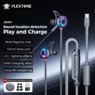 Picture of Plextone AKM Plus Gaming Earphones ,Designed for competitive gamers, built for long gaming sessions. Perfect for PUBG, Free Fire, COD Mobile, Valorant, and more Grey
