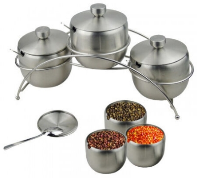 Picture of Spice Rack Bowls with Stand - Set of 3 - Serving Dish Set with Lids and Spoons - Stainless Steel
