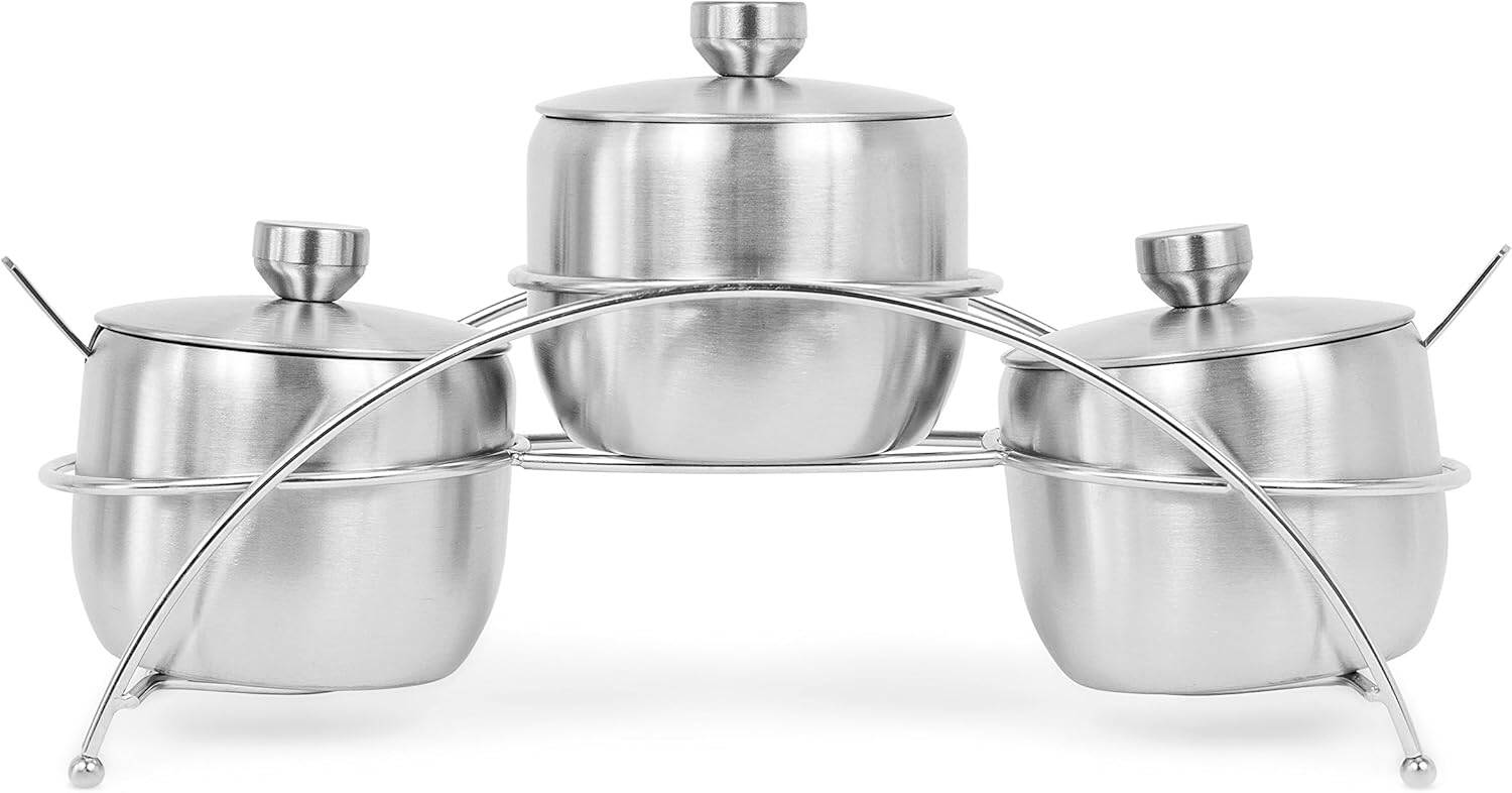 Picture of Spice Rack Bowls with Stand - Set of 3 - Serving Dish Set with Lids and Spoons - Stainless Steel