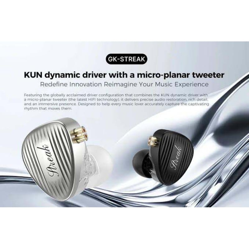 Picture of GK Streak Dual Driver Hi-Fi In ear monitor with mic Silver 3.5mm mic