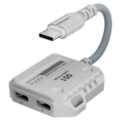 Picture of PLEXTONE GS1 2-in-1 Gaming Audio Adapter, supports up to 60W PD fast charging while gaming at a same time, both port available /type c to c 