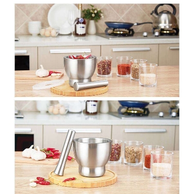 Picture of Kitchen Mini Mortar and Pestle Grinder 304 Stainless Steel with Anti Spill Lid