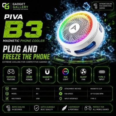 Picture of PIVA B3 25W Gaming Mobile Phone Cooler ,reduce thermal throttling and maintain stable FPS during games like PUBG Mobile, Call of Duty Mobile, Delta Force Mobile, and Free Fire White