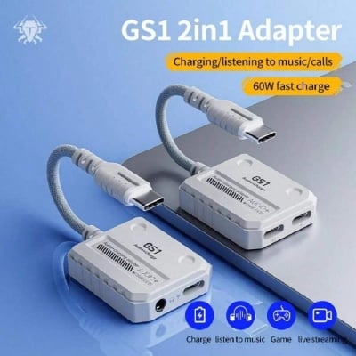 Picture of PLEXTONE GS1 2-in-1 Gaming Audio Adapter, supports up to 60W PD fast charging while gaming at a same time, both port available /type c to c 