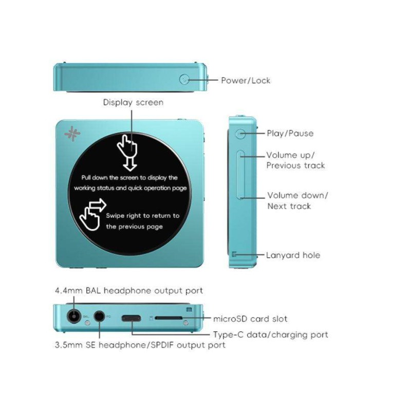Picture of FiiO Snowsky DISC digital audio player classic CD players touchscreen design with modern Hi-Res audio features in a pocket-sized aluminum body, Blue