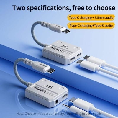 Picture of PLEXTONE GS1 2-in-1 Gaming Audio Adapter, supports up to 60W PD fast charging while gaming at a same time, both port available /type c to c 