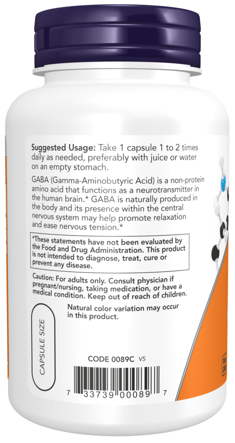 Picture of Now Foods GABA 750 mg 100 Veg Capsules