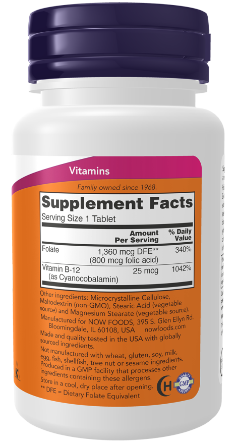 Picture of Now Foods Folic Acid 800 mcg with Vitamin B-12 | 250 Tablets
