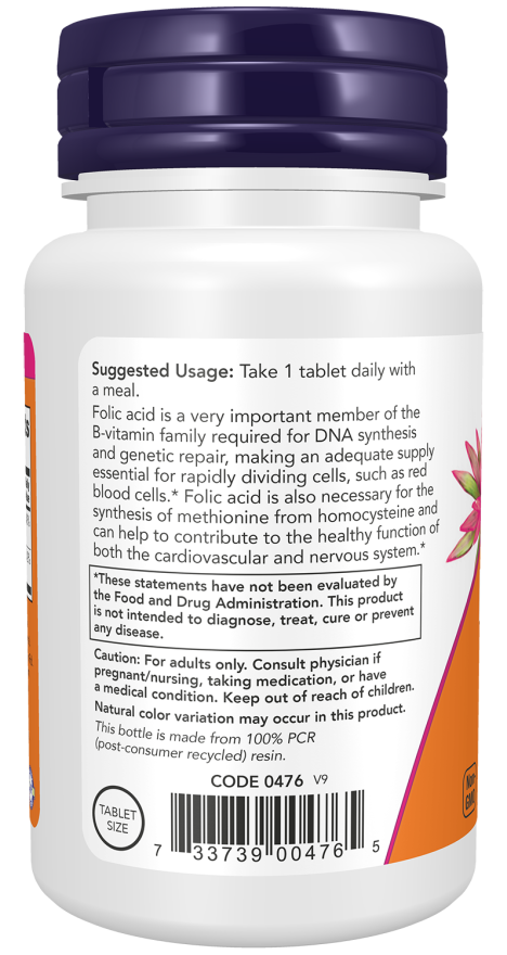 Picture of Now Foods Folic Acid 800 mcg with Vitamin B-12 | 250 Tablets