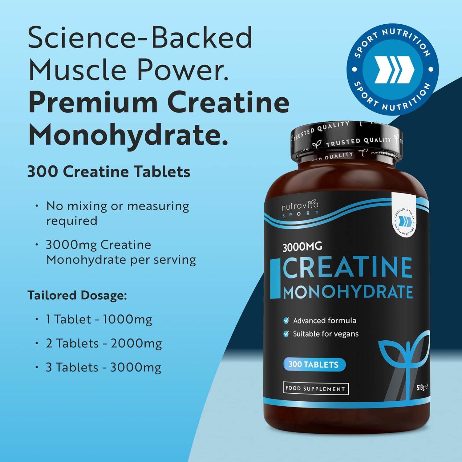 Picture of Nutravita Creatine Monohydrate 3000mg - 300 Vegan Tablets