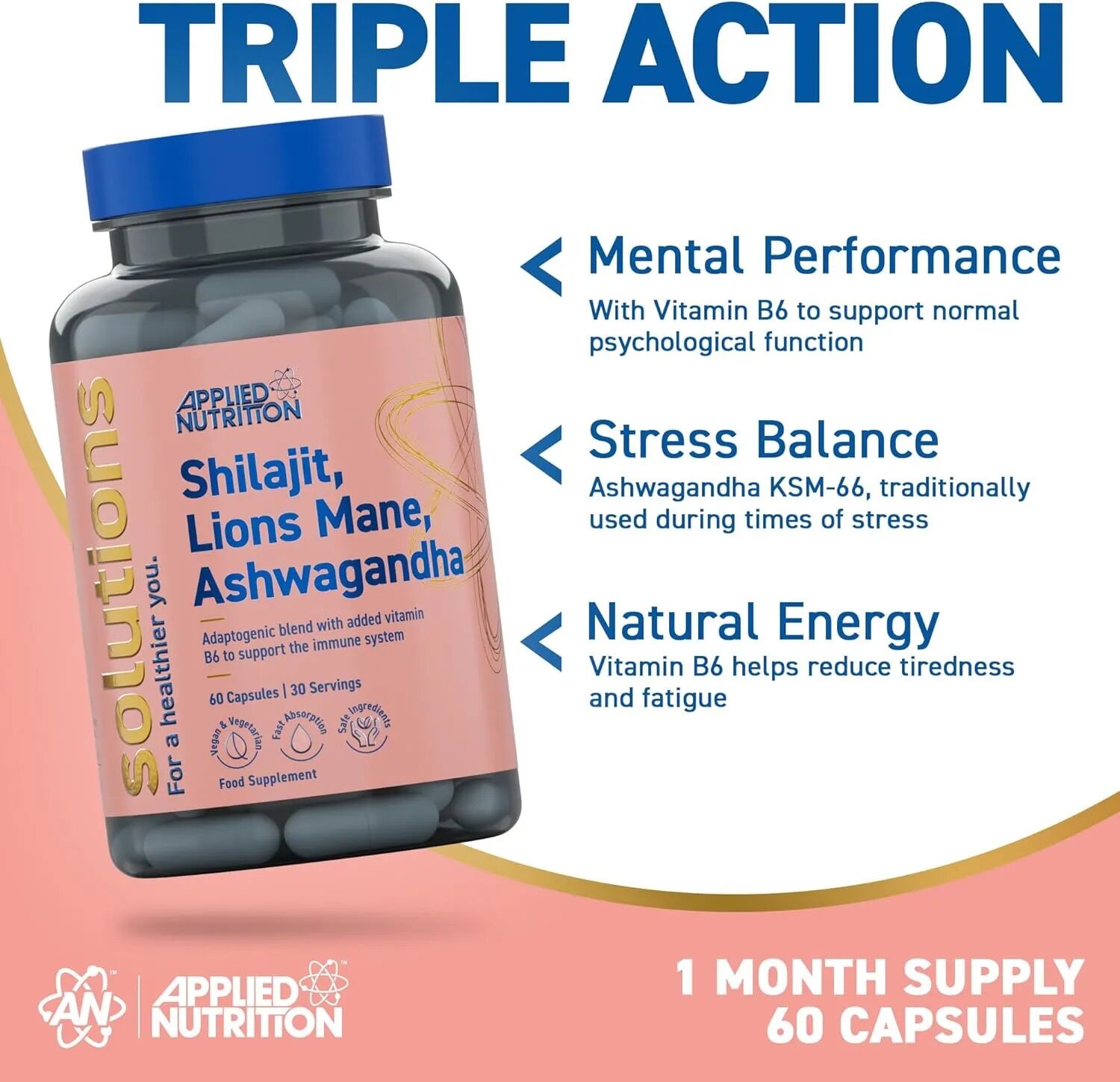 Picture of Applied Nutrition Shilajit, Lions Mane, Ashwagandha Capsules | 60 Capsules