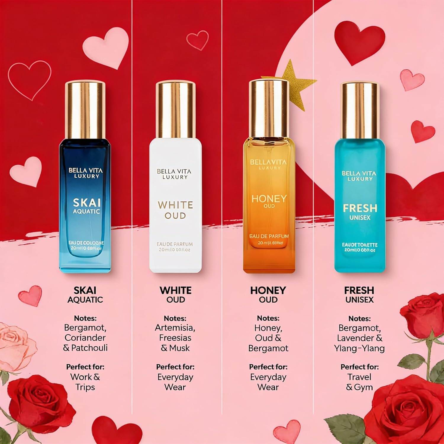 Picture of Bellavita Luxury Unisex Perfume Gift Set with Honey Oud, White Oud, Skai, and Fresh | 20ml x4