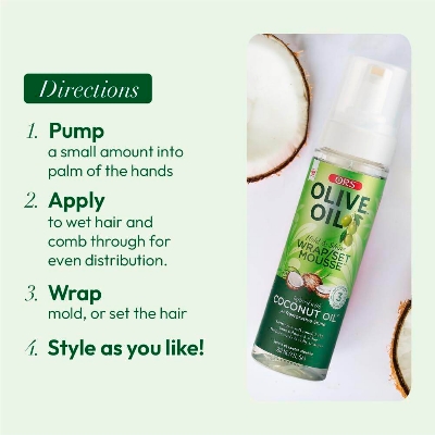 Picture of ORS Olive Oil Hold & Shine Wrap Set Mousse Infused with Coconut Oil for Restorative Shine 207ml